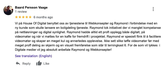 Grafisk design: Raymond Furre | Et skjermbilde av en kundeanmeldelse på en nettside som har som mål å hjelpe din entreprenør med å oppnå bedre synlighet.