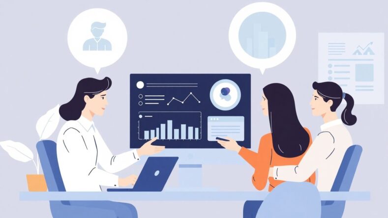 Illustrasjon av salgsteam som bruker CRM-system. {{brizy_dc_image_alt entityId=