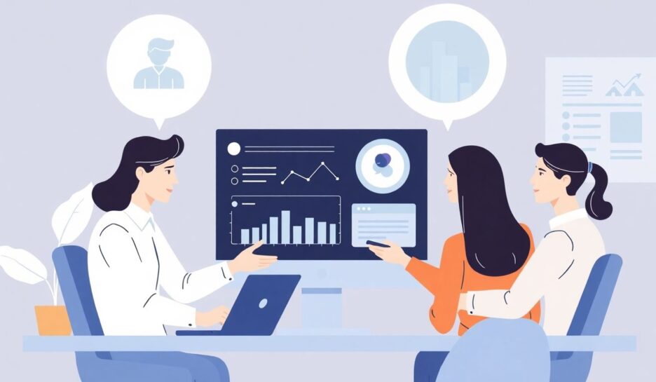 Illustrasjon av salgsteam som bruker CRM-system. {{brizy_dc_image_alt entityId=