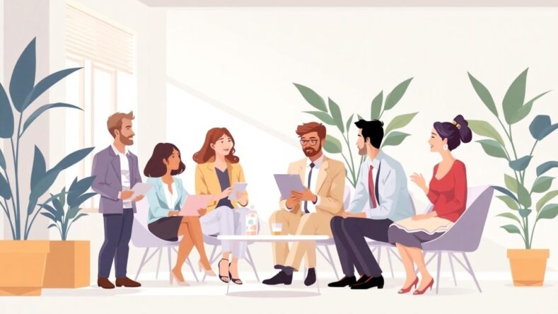 Illustrasjon av gründere i samarbeid i et kontorlandskap. {{brizy_dc_image_alt entityId=