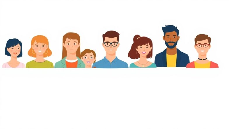 Illustrasjoner av ulike personas i myke farger. {{brizy_dc_image_alt entityId=