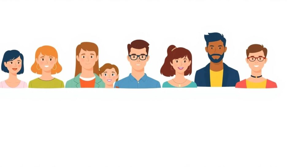 Illustrasjoner av ulike personas i myke farger. {{brizy_dc_image_alt entityId=