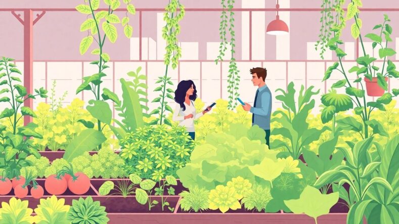 Næringshager med gründere i samarbeid og frodige planter. {{brizy_dc_image_alt entityId=