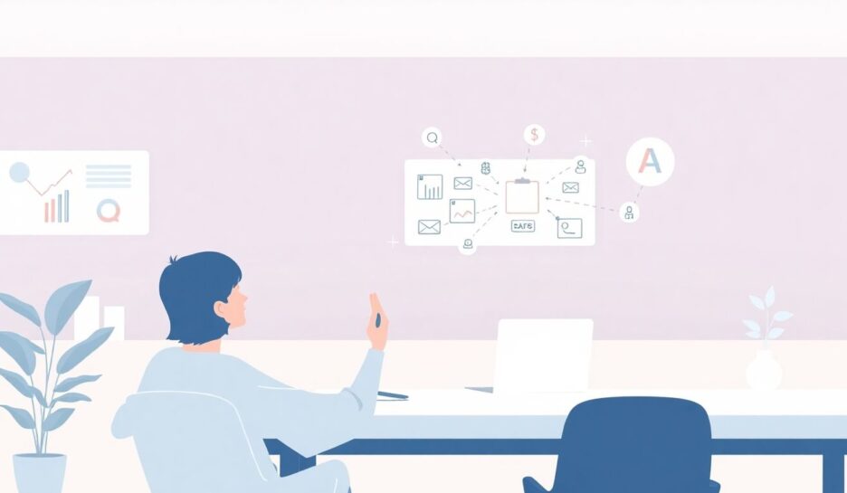 Illustrasjon av en person som planlegger virksomhet. {{brizy_dc_image_alt entityId=