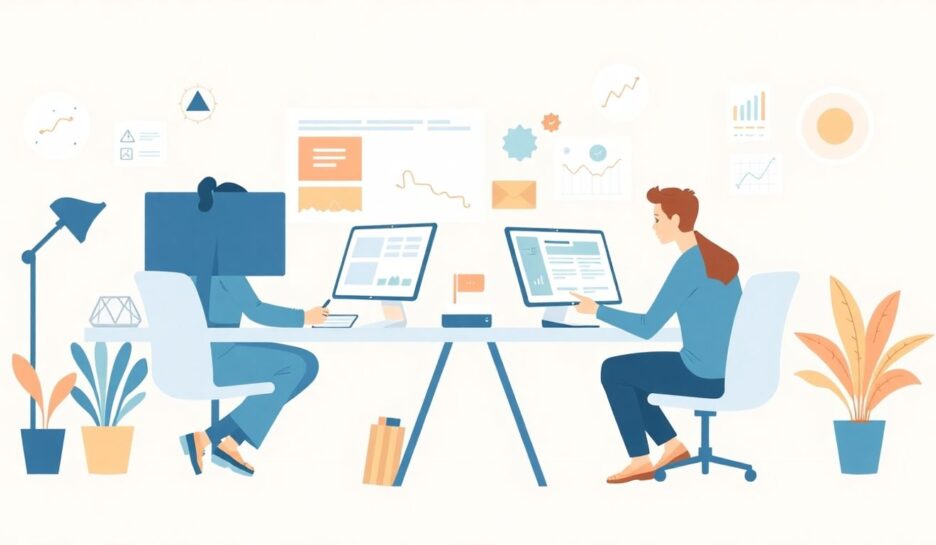 Grafiske designere med merker i moderne illustrasjoner. {{brizy_dc_image_alt entityId=