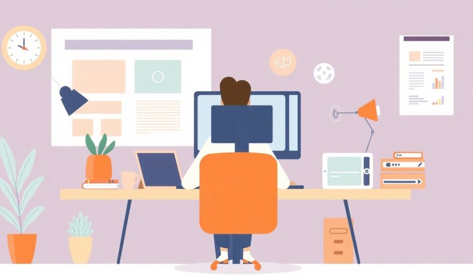 Illustrasjon av en webdesigner med datamaskin. {{brizy_dc_image_alt entityId=