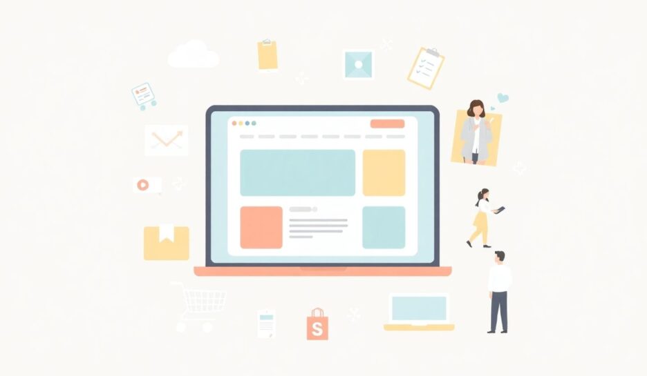 Illustrasjon av nettside med kunder og digitale enheter. {{brizy_dc_image_alt entityId=