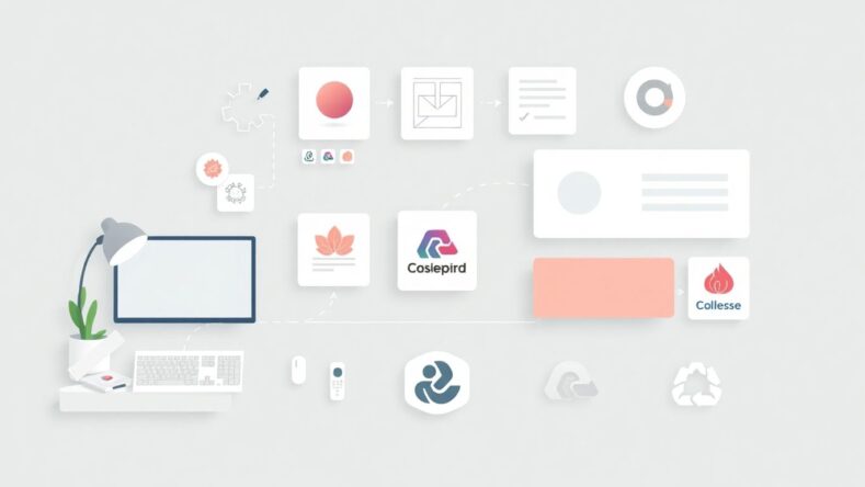 Illustrasjon av logo design prosess med myke farger. {{brizy_dc_image_alt entityId=