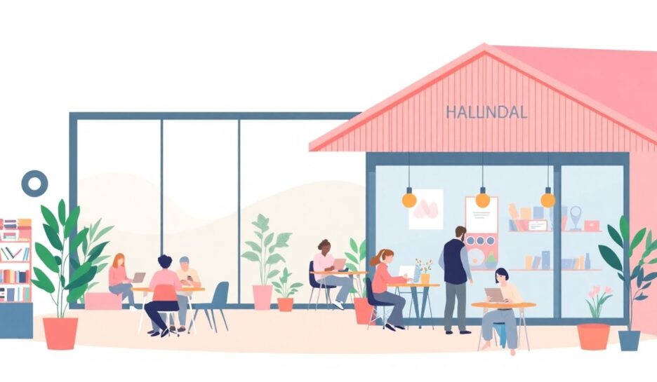 Moderne illustrasjon av innovasjonshub i Hallingdal. {{brizy_dc_image_alt entityId=