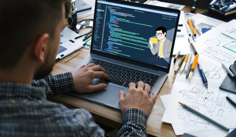 En webutvikler jobber med kode på en laptop. {{brizy_dc_image_alt entityId=