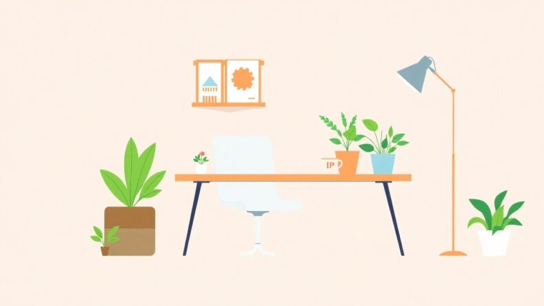 Illustrasjon av en liten bedrift med arbeidsplass. {{brizy_dc_image_alt entityId=