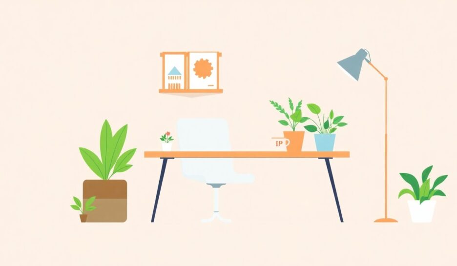 Illustrasjon av en liten bedrift med arbeidsplass. {{brizy_dc_image_alt entityId=