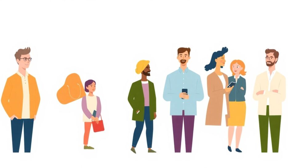 Illustrasjon av kundereiser og målgrupper i moderne stil. {{brizy_dc_image_alt entityId=