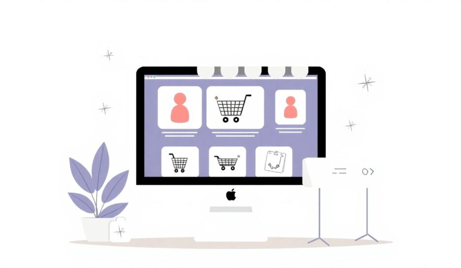 Illustrasjon av nettbutikkoppsett med moderne stil. {{brizy_dc_image_alt entityId=